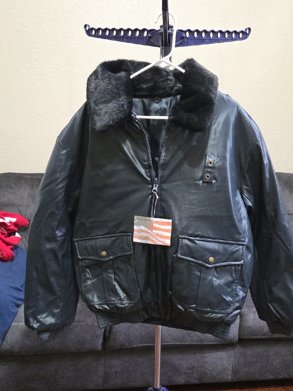Men's Black Bomber Jacket with Faux Fur Collar